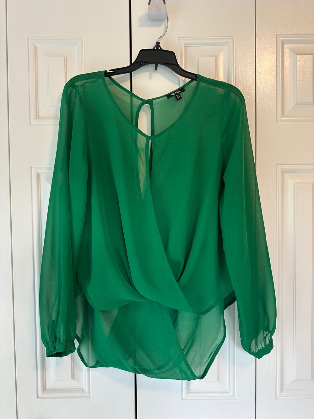 XOXO Emerald Green Sheer Wrap Blouse